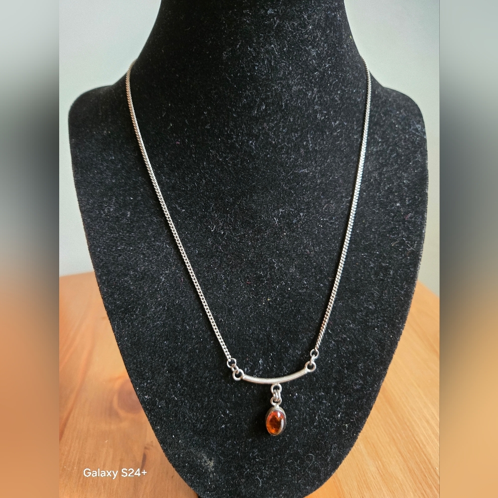 Elegant Silver Sterling Necklace with Amber Pendant 18"